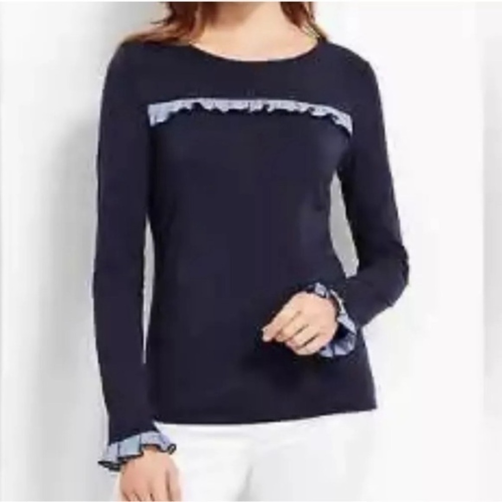 Talbots Navy Striped Woven Ruffle Tee
